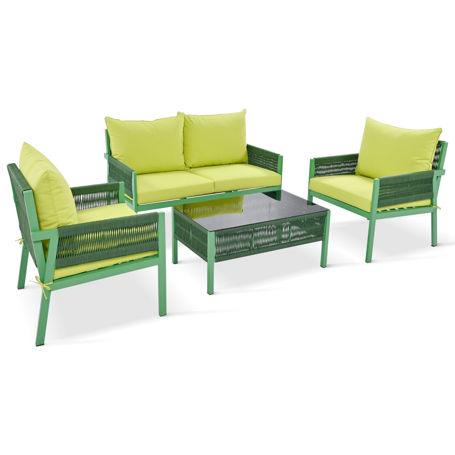 Outdoor Furniture with Tempered Glass Table, Set Deep Seating with Thick Cushion (Fluorescent Yellow & Green) - LaTezza Online Shop
