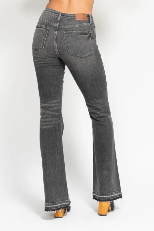 Judy Blue Full Size Mid Rise Tummy Control Washed Gray Release Hem Flare Jeans Plus Size - LaTezza Online Shop