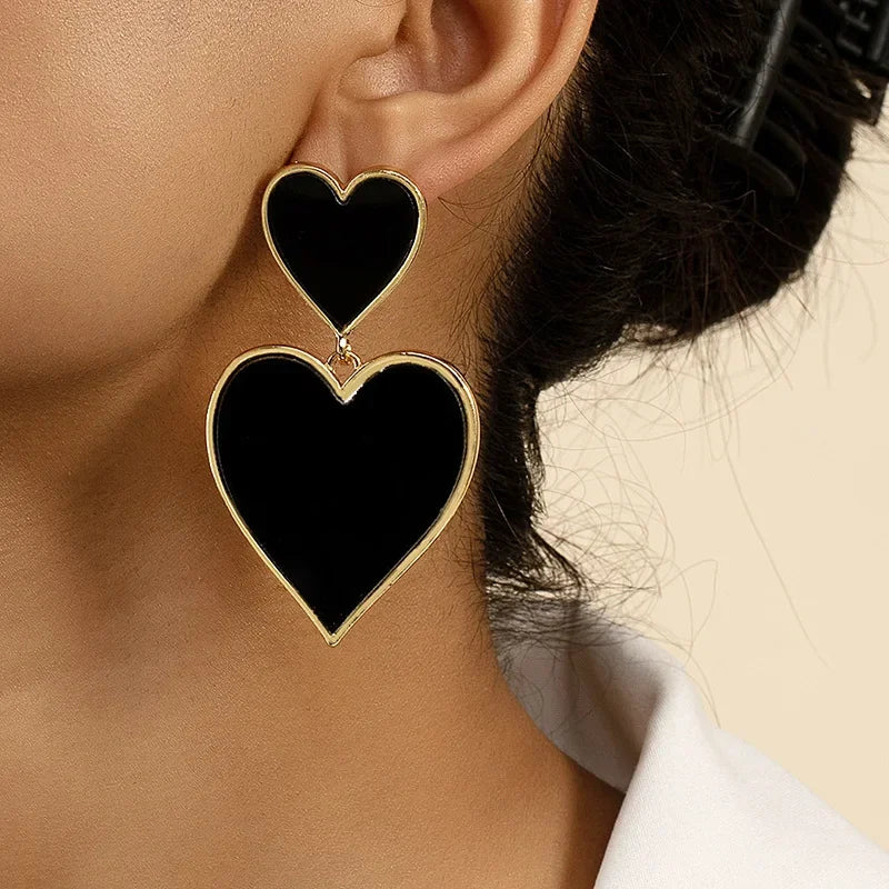Black Resin Large Metal Heart Dangle Post Earrings For Women Heavy Statement Fashion Jewelry Love Party Accessories - LaTezza Online Shop