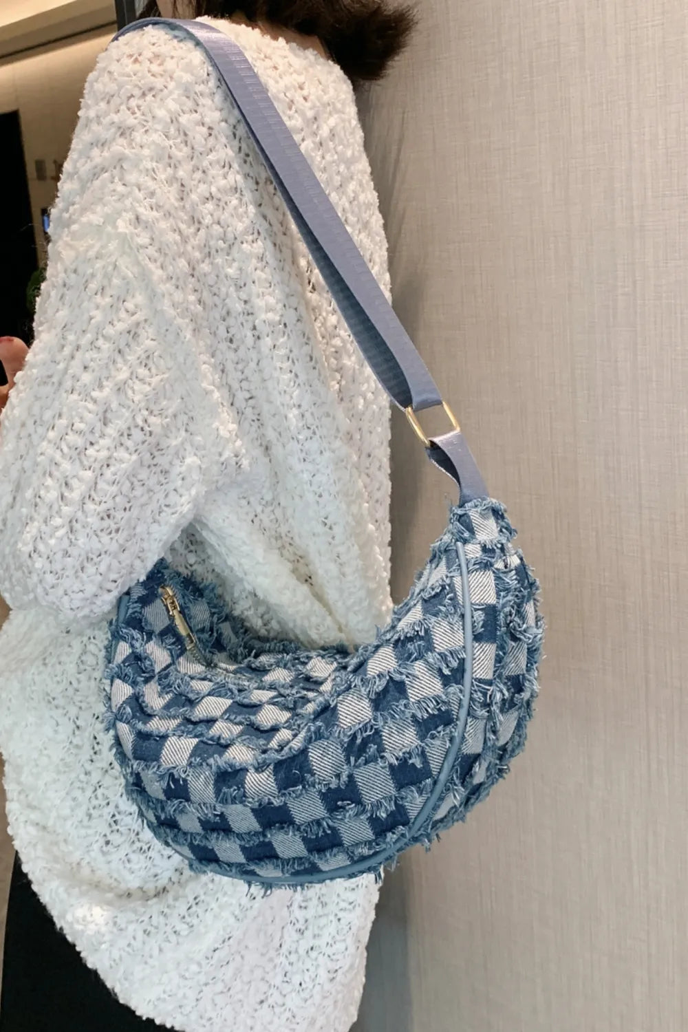 Raw Hem Checkered Denim Crossbody Bag - LaTezza Online Shop