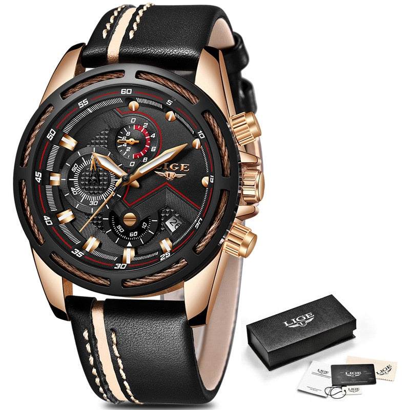 LIGE Watch Men Sport Quartz Clock Leather Mens Watches Top Brand Luxury Gold Waterproof - LaTezza Online Shop