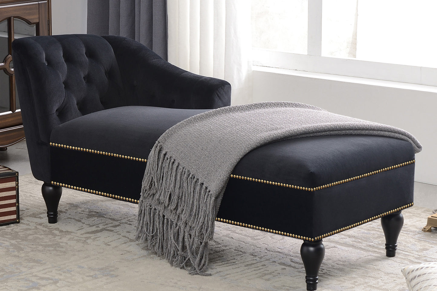58 inch velvet lounge chair, button cluster right arm lounge chair with nail head decoration and solid wood legs - LaTezza Online Shop