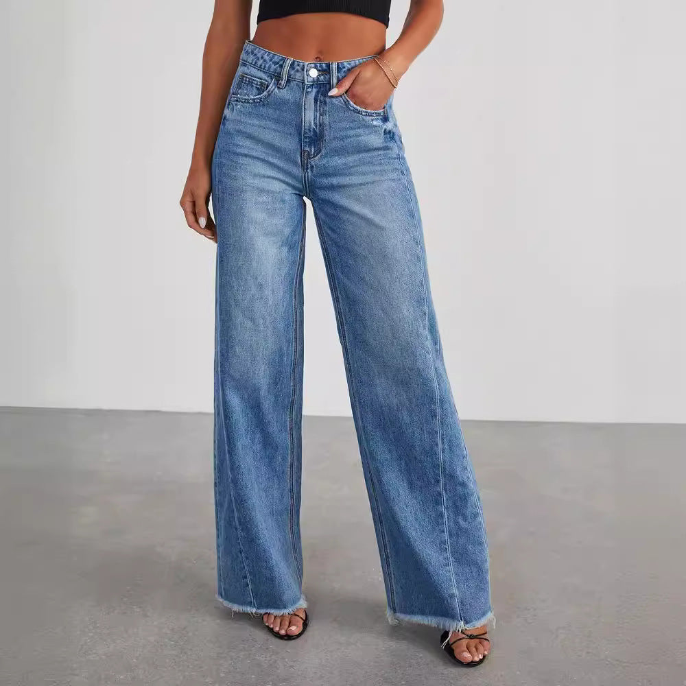 Loose wide leg side seam splicing, brushed hem denim jeans for women - LaTezza Online Shop