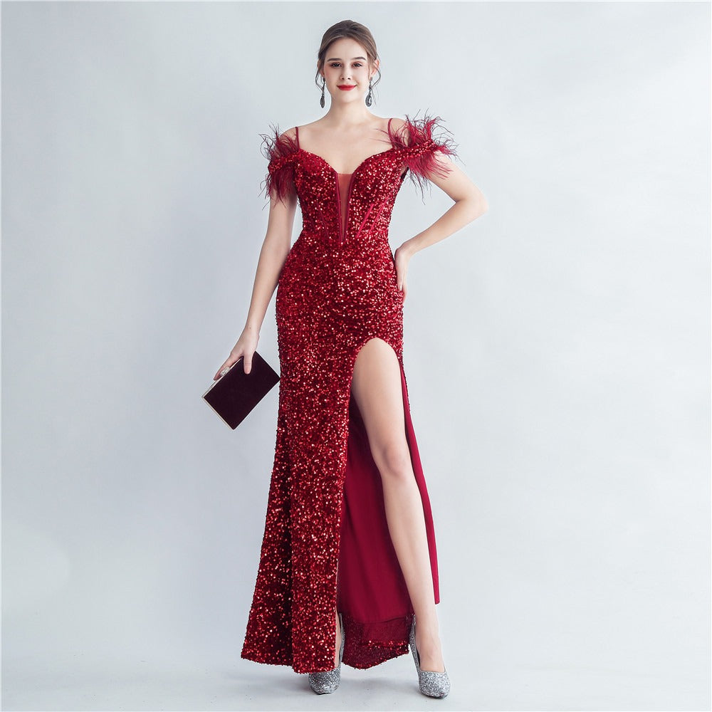 Evening gown ostrich feather tie rope corset sequined mermaid shaped - LaTezza Online Shop