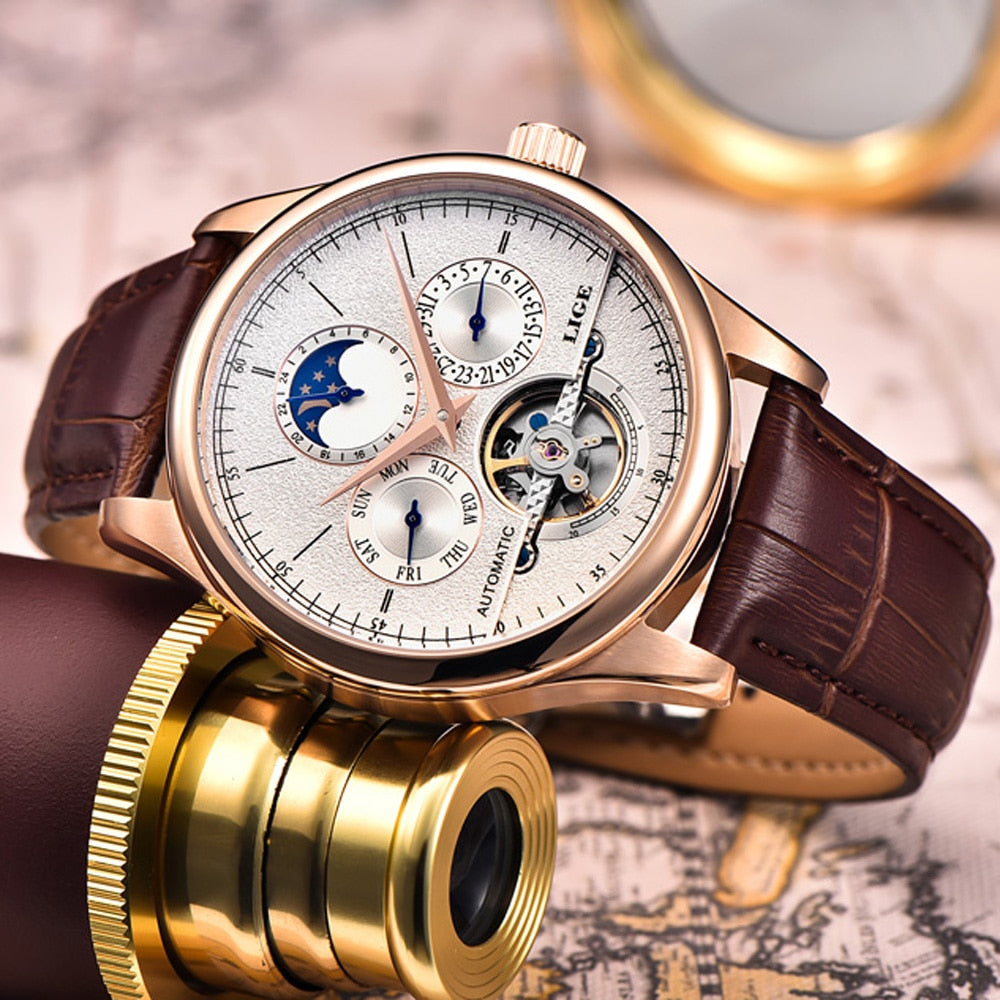 LIGE Brand Men's Watches Automatic Mechanical Tourbillon Leather Band