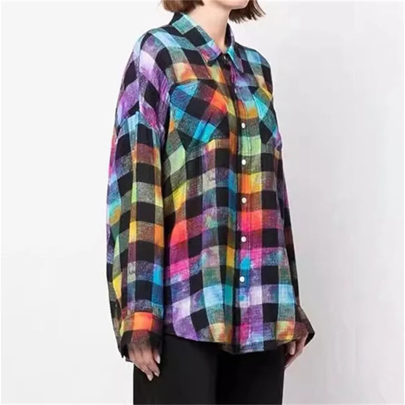 Fashion Woman Blouse Autumn New Rainbow Plaid Women's Shirt Washed Old Pure Cotton Long Sleeved Top Loose And Thin Coat - LaTezza Online Shop