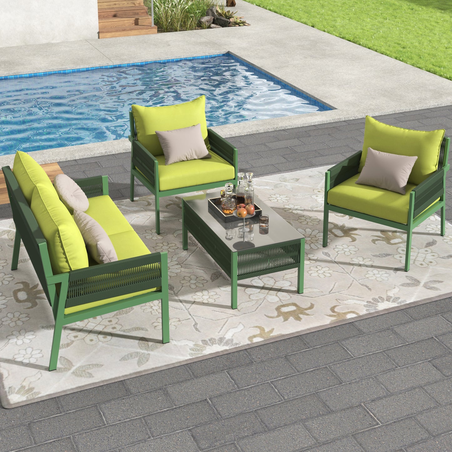 Outdoor Furniture with Tempered Glass Table, Set Deep Seating with Thick Cushion (Fluorescent Yellow & Green) - LaTezza Online Shop