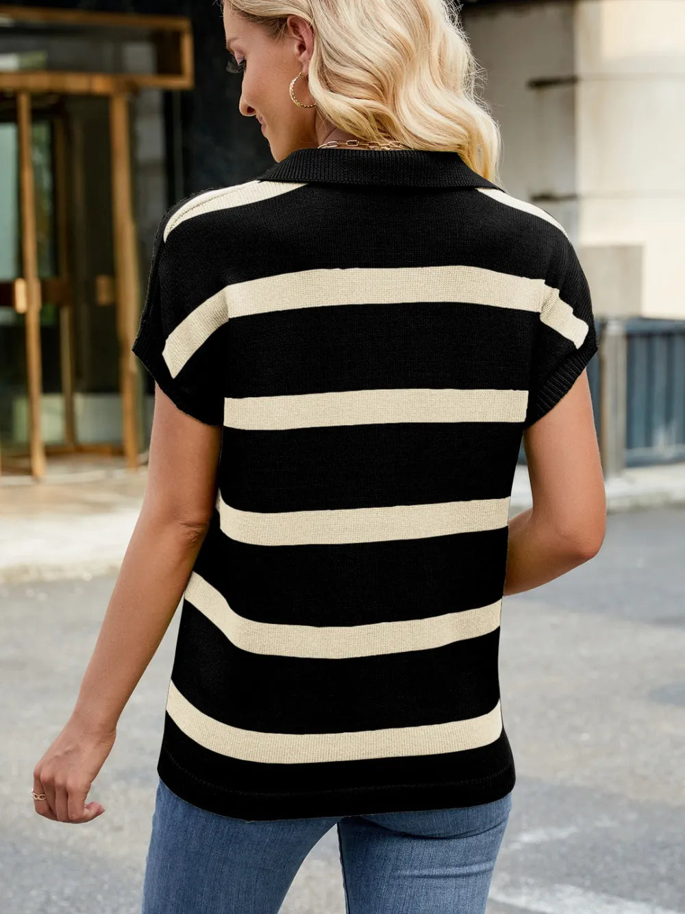 Flip collar casual striped knitted sweater vest and camisole sweater - LaTezza Online Shop