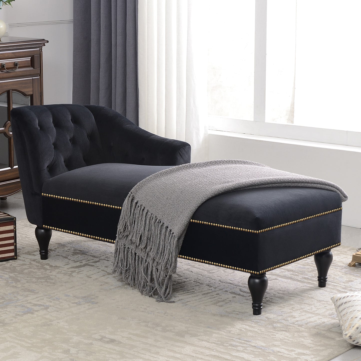 58 inch velvet lounge chair, button cluster right arm lounge chair with nail head decoration and solid wood legs - LaTezza Online Shop