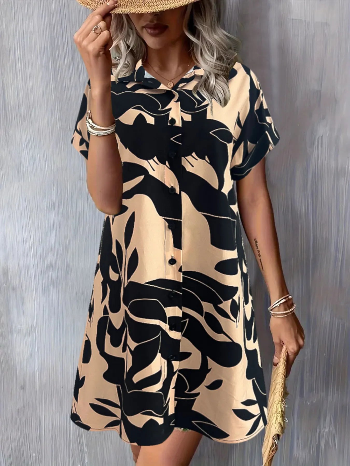 Printed Button Down Short Sleeve Dress