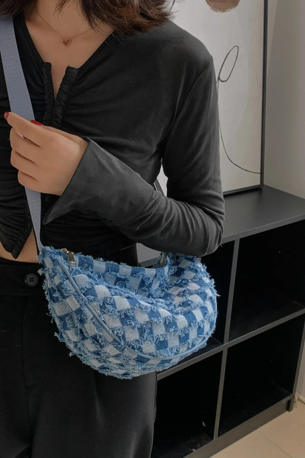 Raw Hem Checkered Denim Crossbody Bag - LaTezza Online Shop