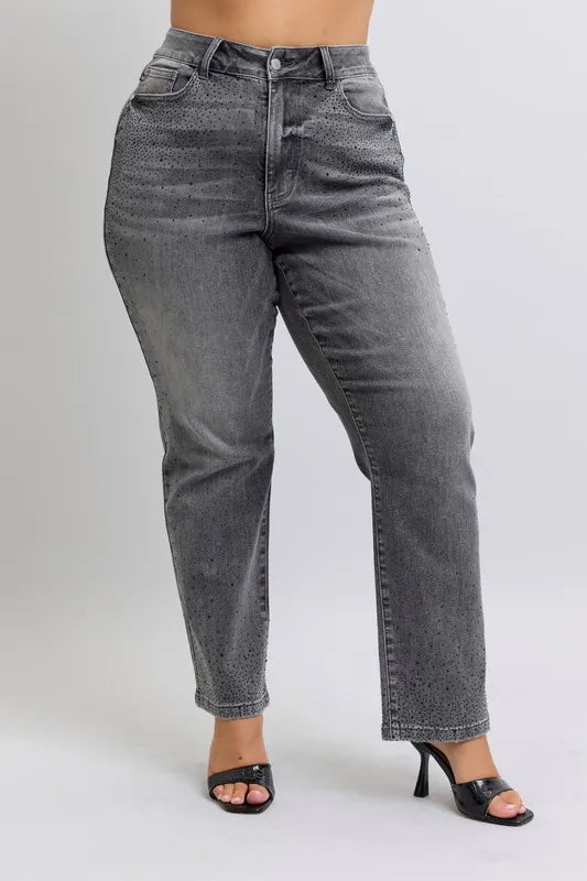 Straight Jeans Judy Blue Full Size High Waist Rhinestone Plus Size - LaTezza Online Shop