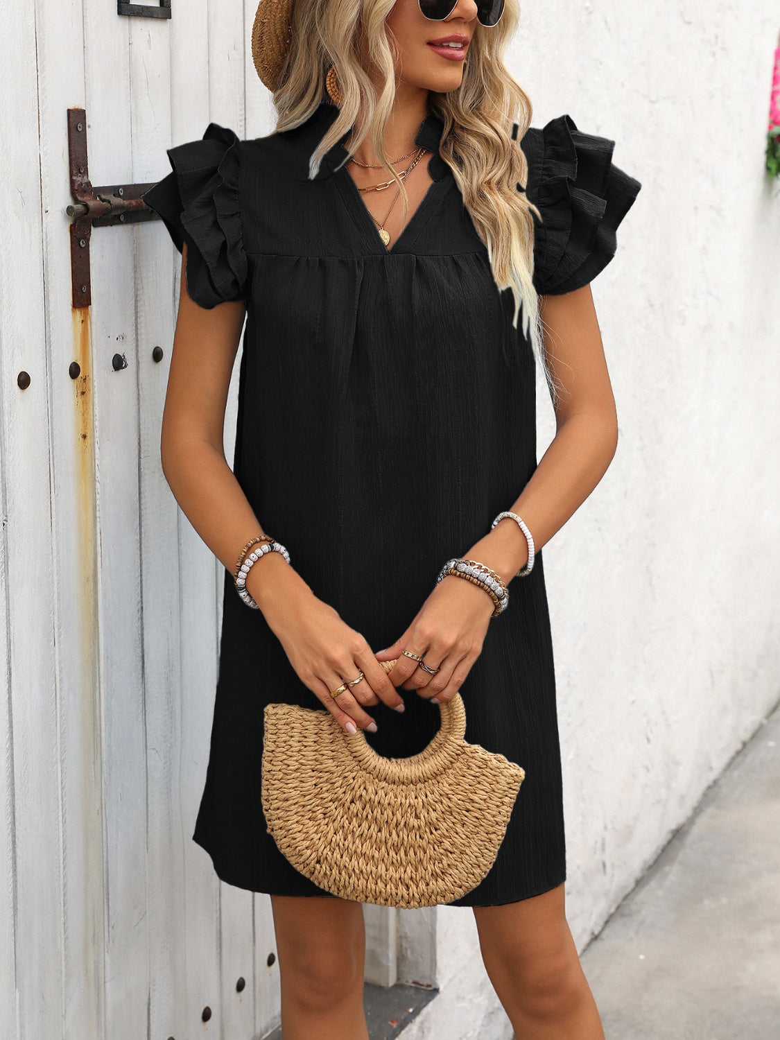 Ivy Lane Ruffled Notched Cap Sleeve Mini Dress - LaTezza Online Shop