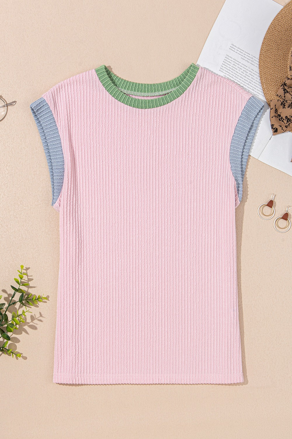 Contrast Trim Round Neck Cap Sleeve Top - LaTezza Online Shop
