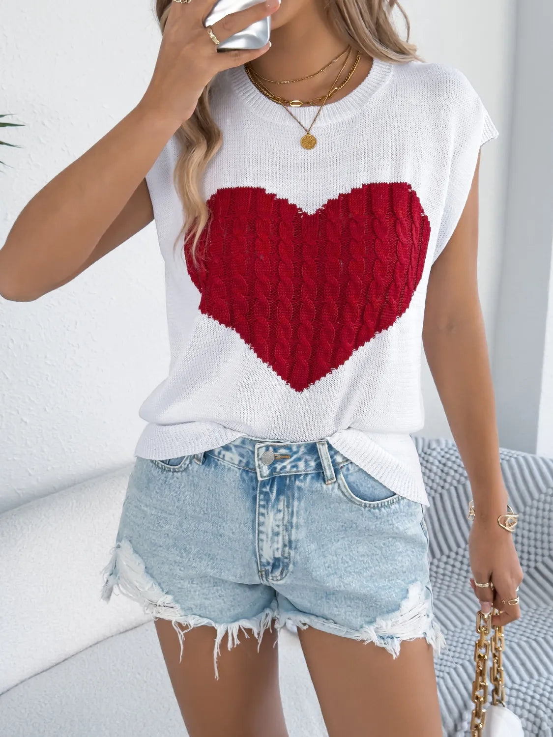 Cable Knit Heart Round Neck Cap Sleeve Knit Top - LaTezza Online Shop