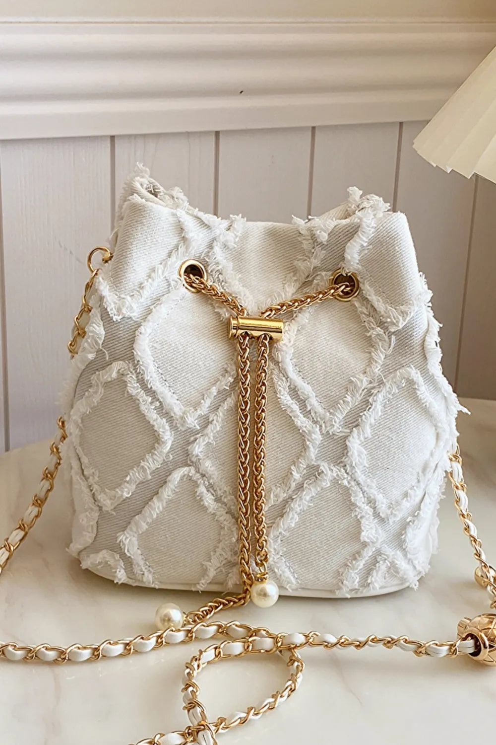 Chain Drawstring Raw Edge Denim Bucket Bag - LaTezza Online Shop