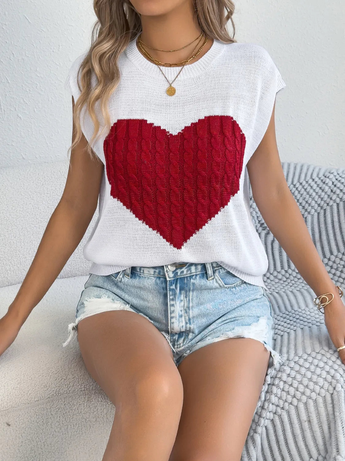 Cable Knit Heart Round Neck Cap Sleeve Knit Top - LaTezza Online Shop