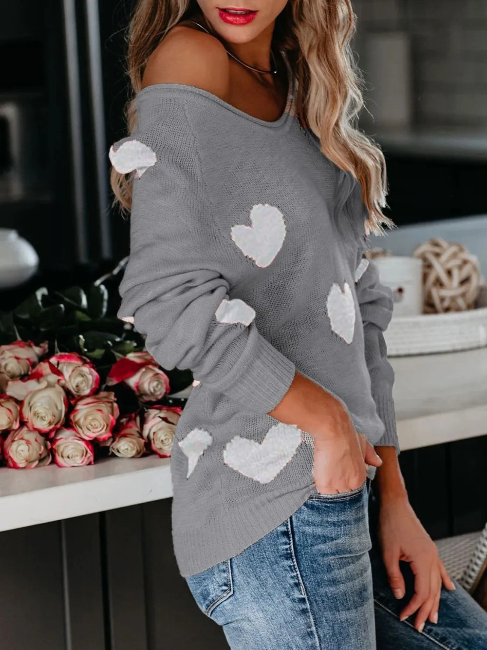 Heart Scoop Neck Long Sleeve Sweater - LaTezza Online Shop
