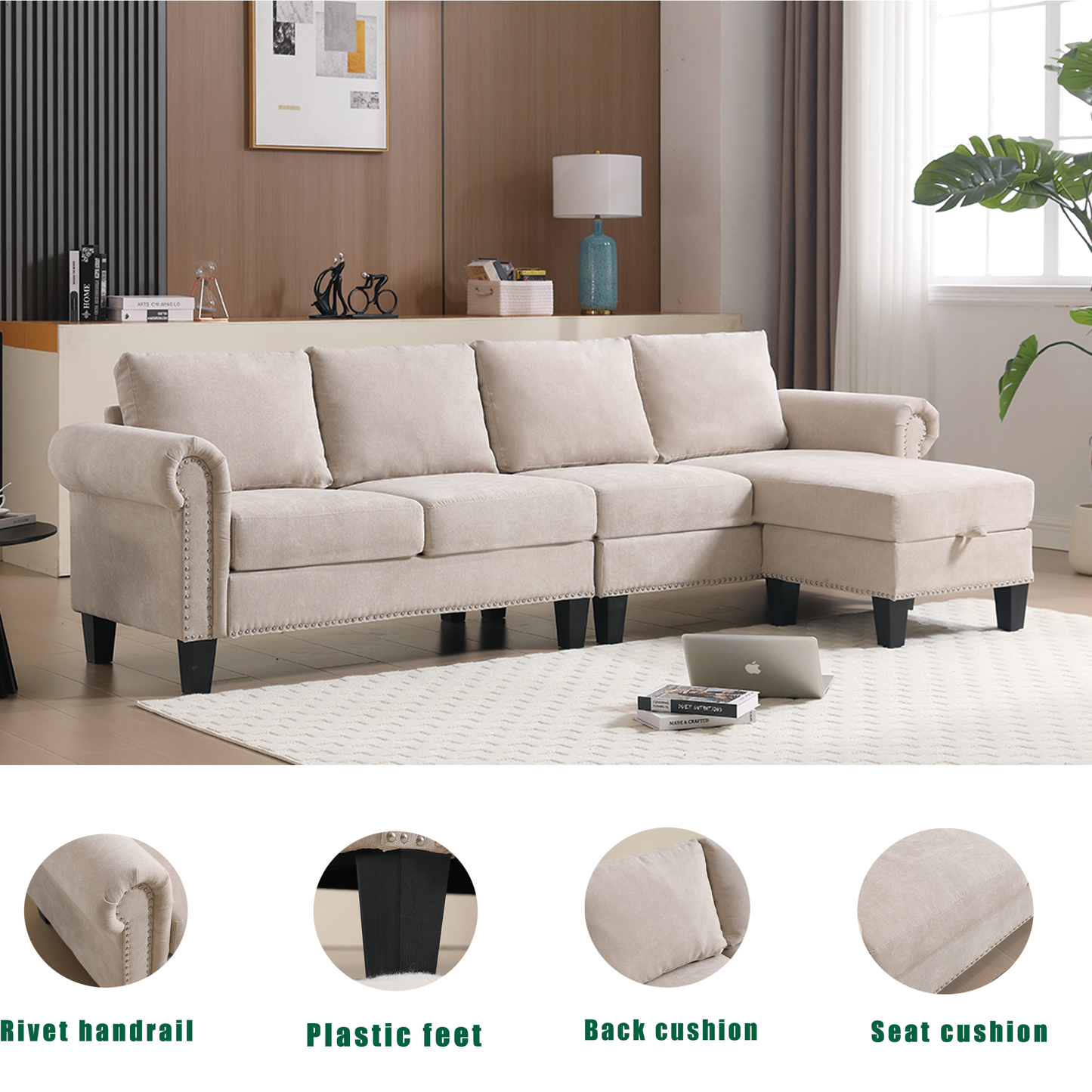 Convertible Sectional Sofa with Storage,L-shaped sofa,Four-seater sofa,Modern Linen Fabric Sectional Couches Beige - LaTezza Online Shop
