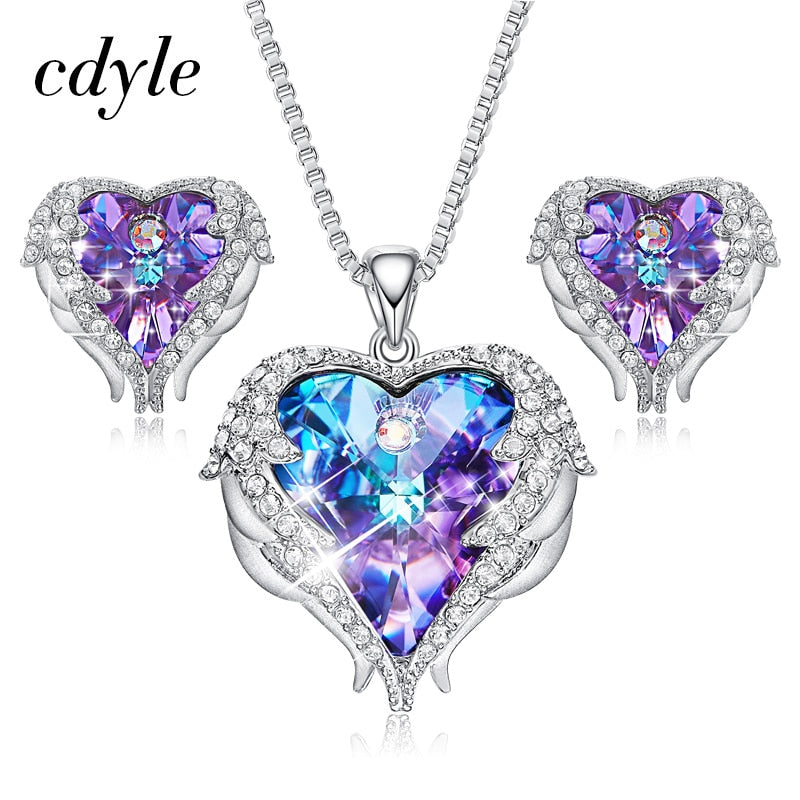 Cdyle Crystals from Swarovski Angel Wings Necklaces Earrings Purple Blue Crystal Heart Pendant Jewelry Set For Women Love Gifts - LaTezza Online Shop