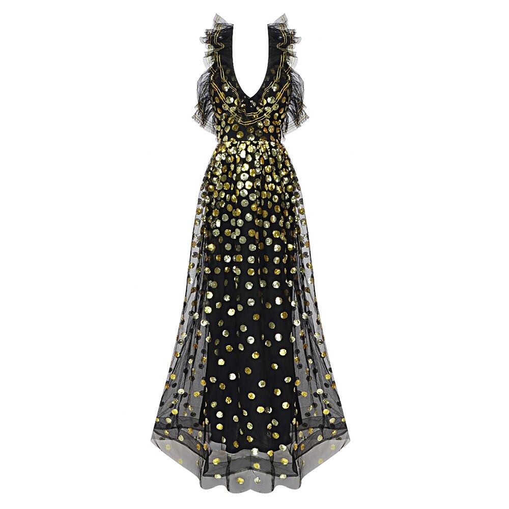 Backless Black Evening Dress Women Neck Sleeveless Ruffles Sequins Dress Summer New Trendy - LaTezza Online Shop