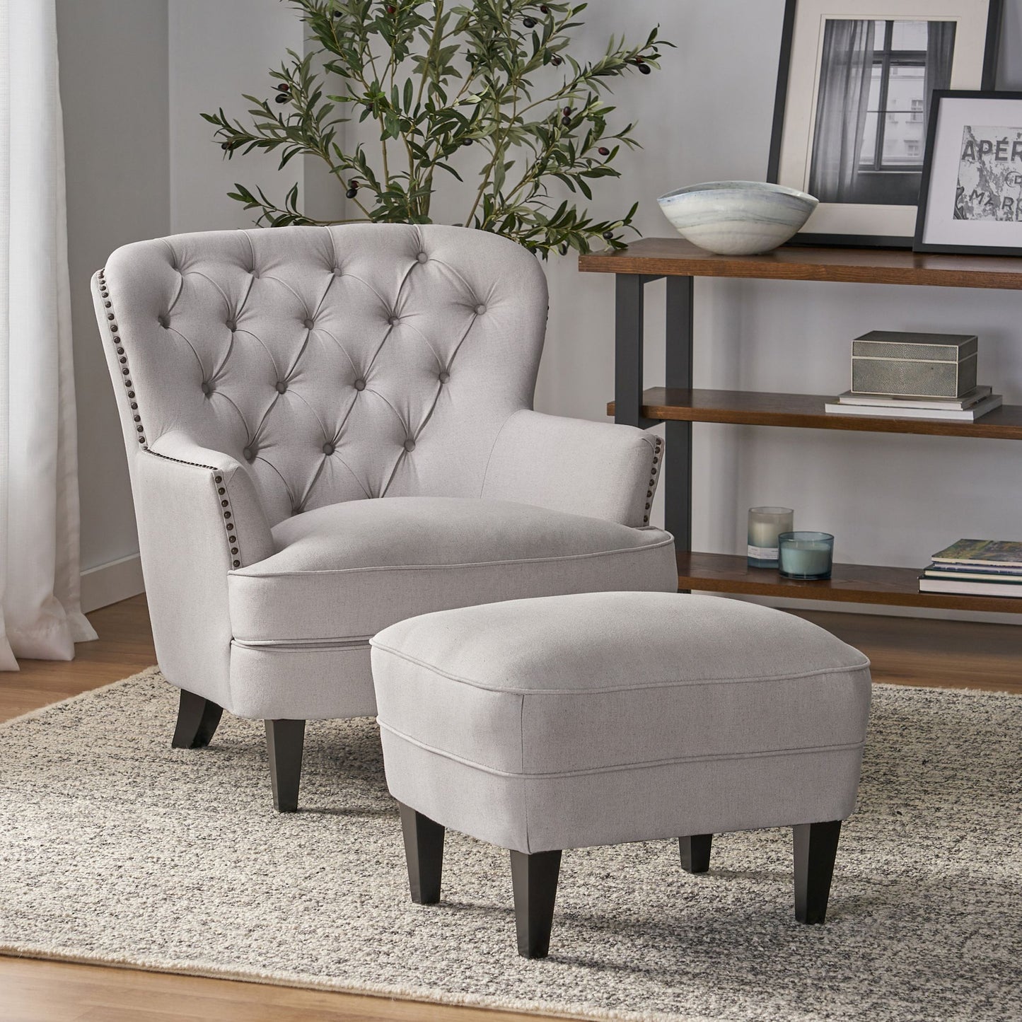 Arm Chair with Ottoman Modern light grey tufted fabric club chair and Ottoman set, stylish cushioned armchair - LaTezza Online Shop