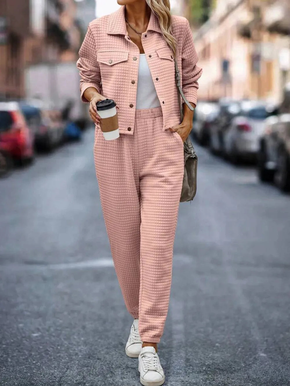 Plaid Texture Snap Down Top and Pants Set - LaTezza Online Shop