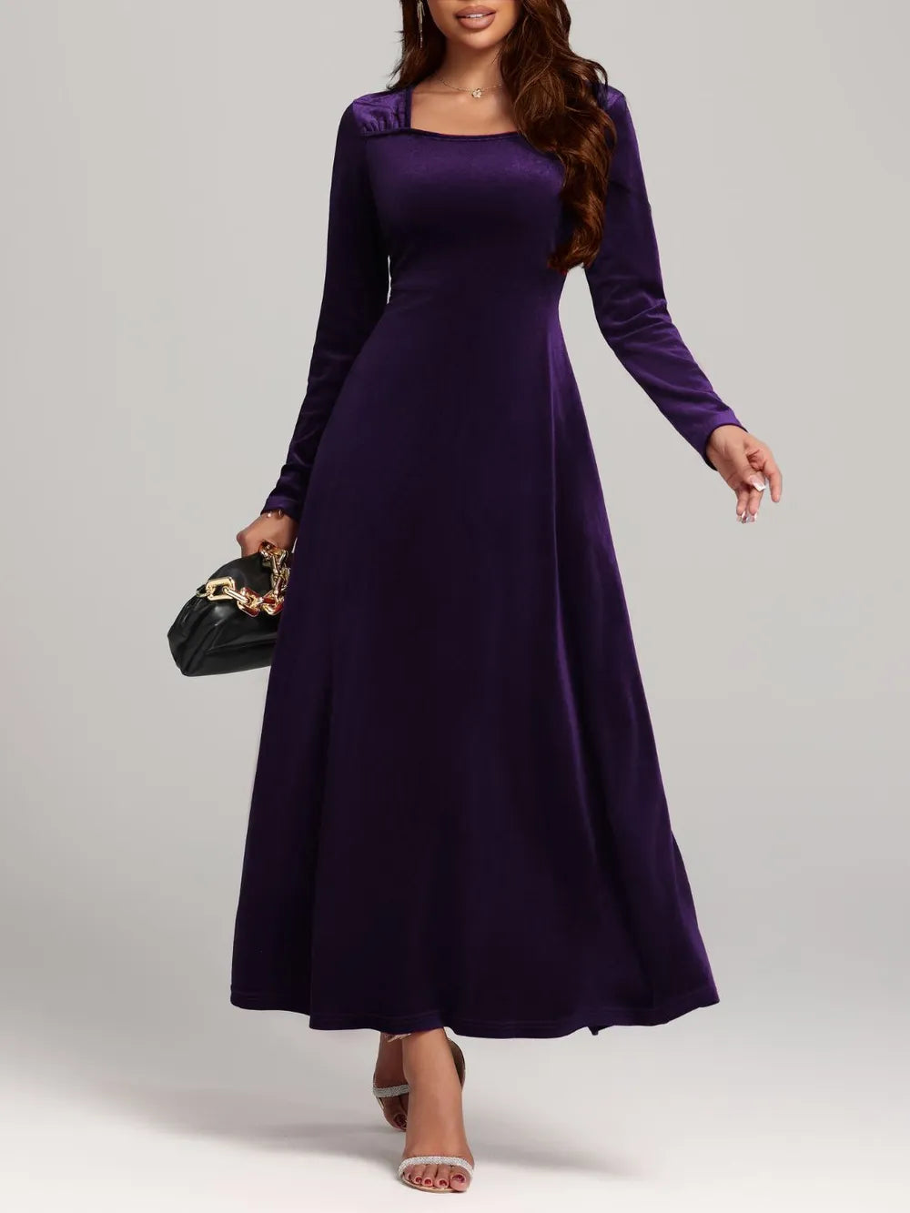 Square Neck Long Sleeve Velvet Dress - LaTezza Online Shop