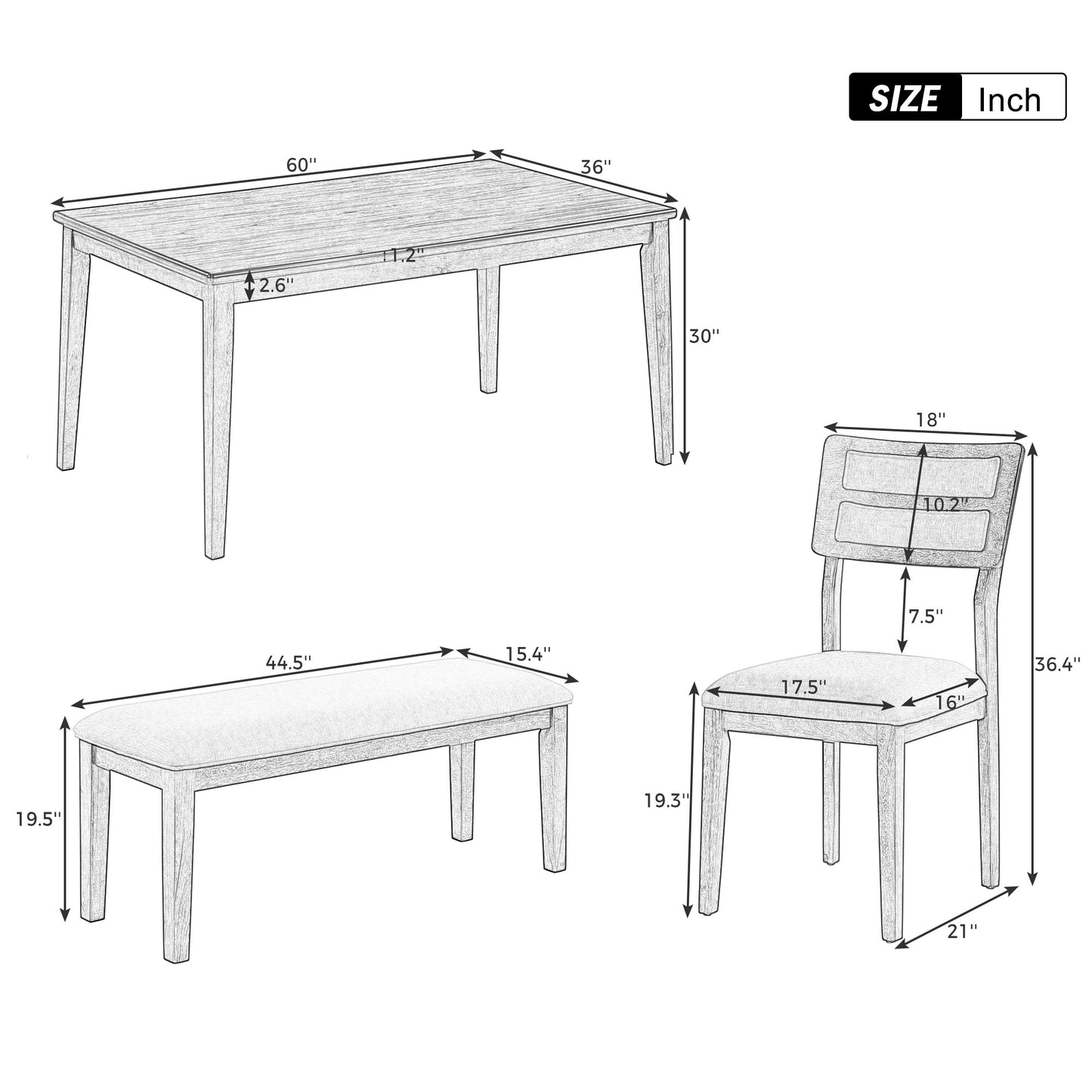 TREXM Classic and Traditional Style 6 - Piece Dining Set, Includes Dining Table 4 Upholstered Chairs & Bench (White+Gray) - LaTezza Online Shop