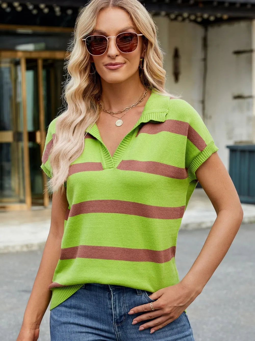 Flip collar casual striped knitted sweater vest and camisole sweater - LaTezza Online Shop