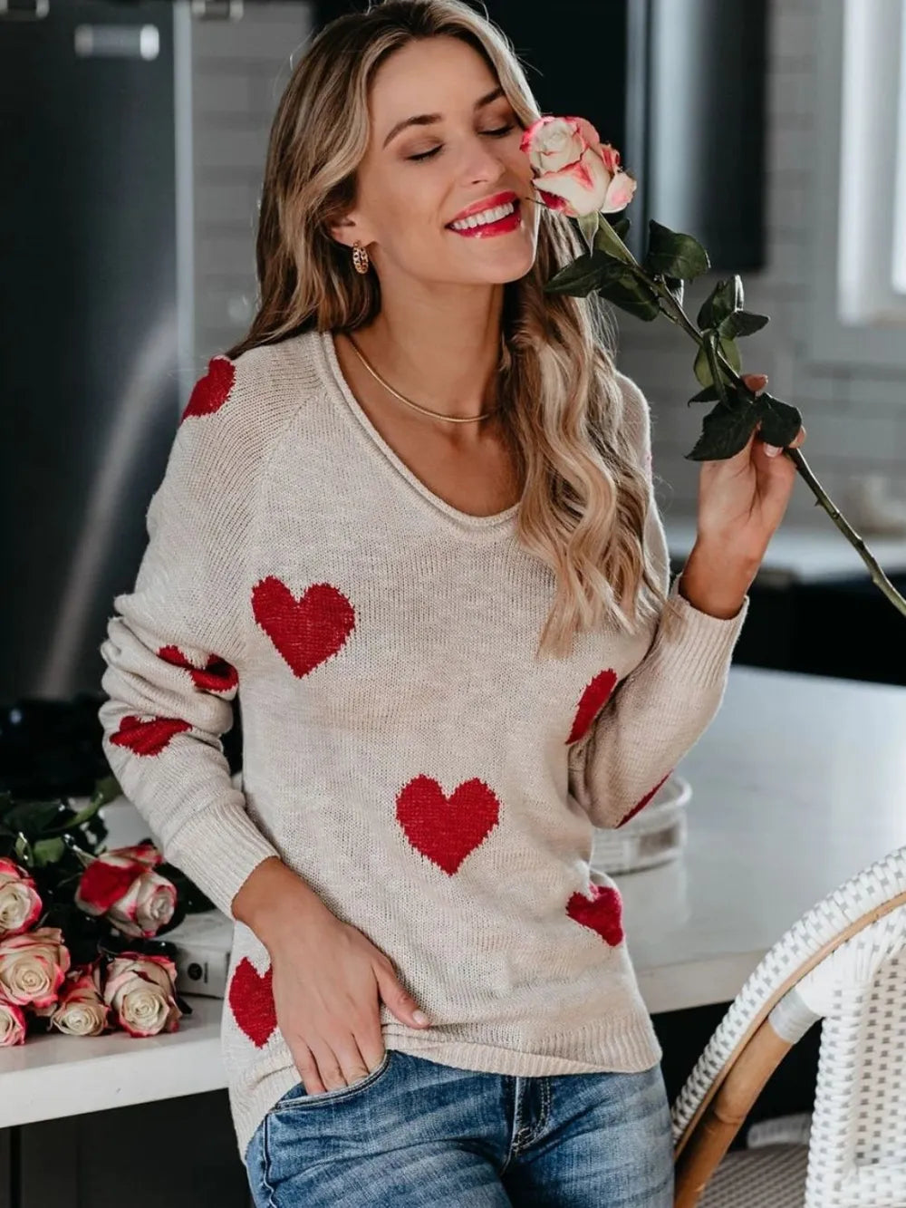 Heart Scoop Neck Long Sleeve Sweater - LaTezza Online Shop