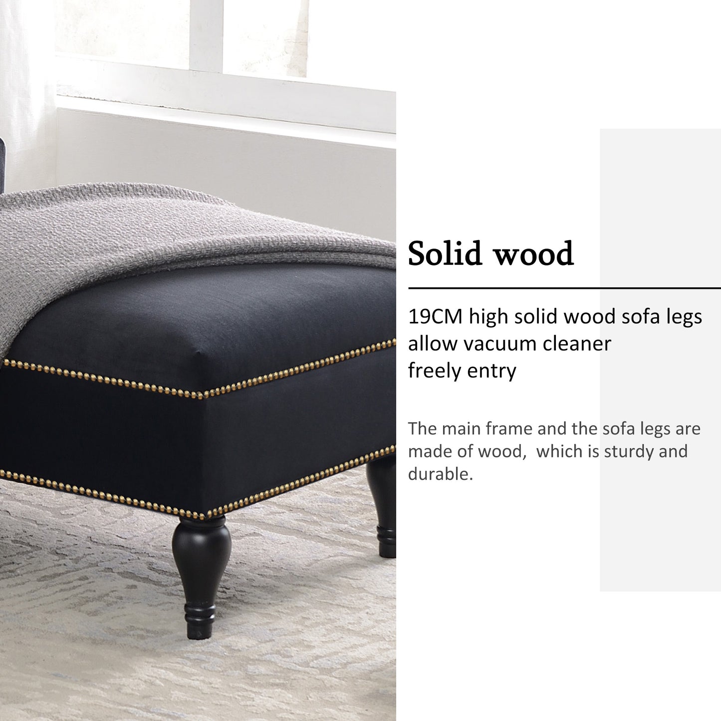 58 inch velvet lounge chair, button cluster right arm lounge chair with nail head decoration and solid wood legs - LaTezza Online Shop