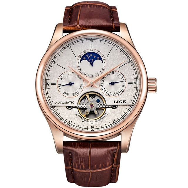 LIGE Brand Men's Watches Automatic Mechanical Tourbillon Leather Band