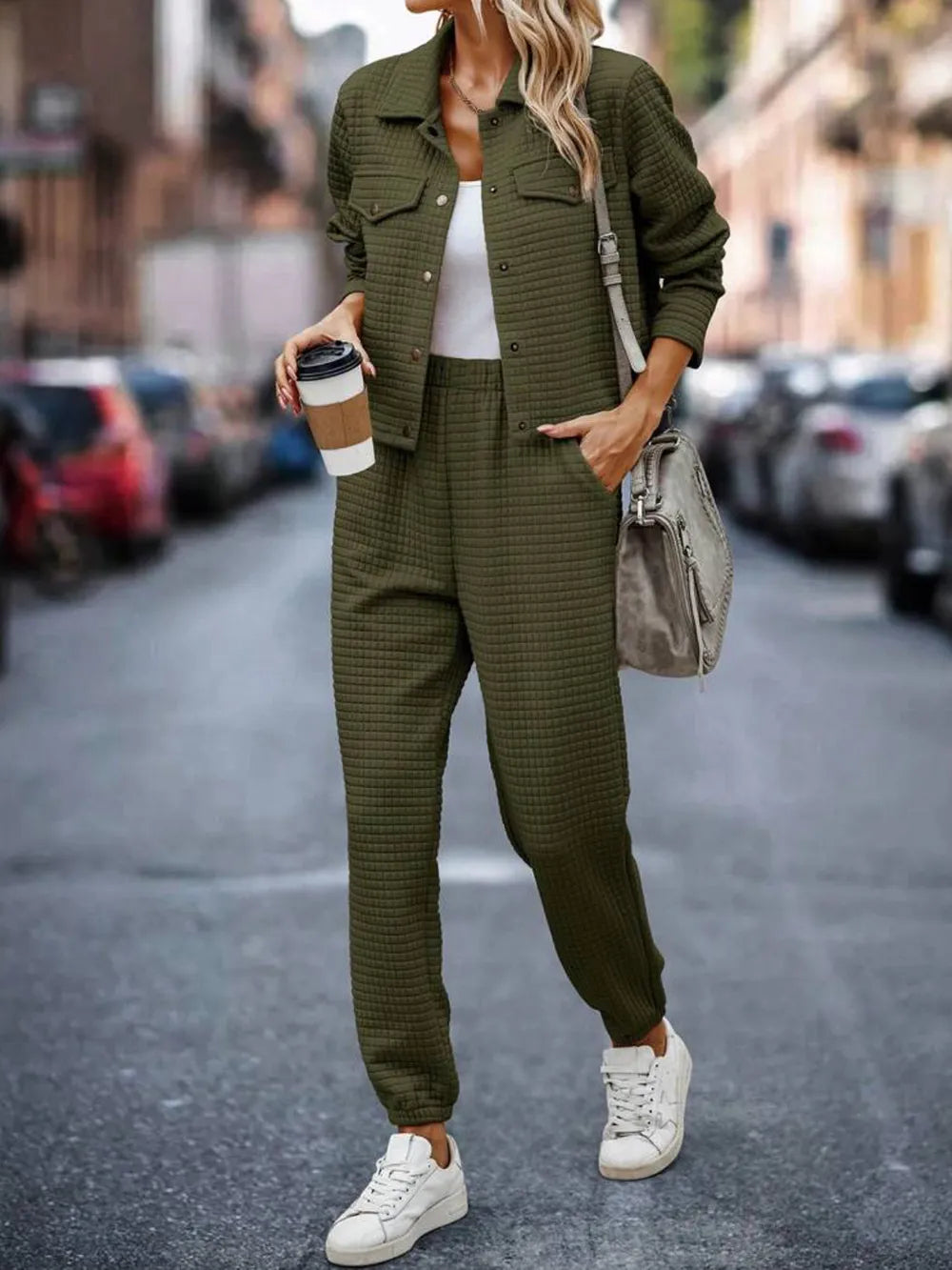 Plaid Texture Snap Down Top and Pants Set - LaTezza Online Shop