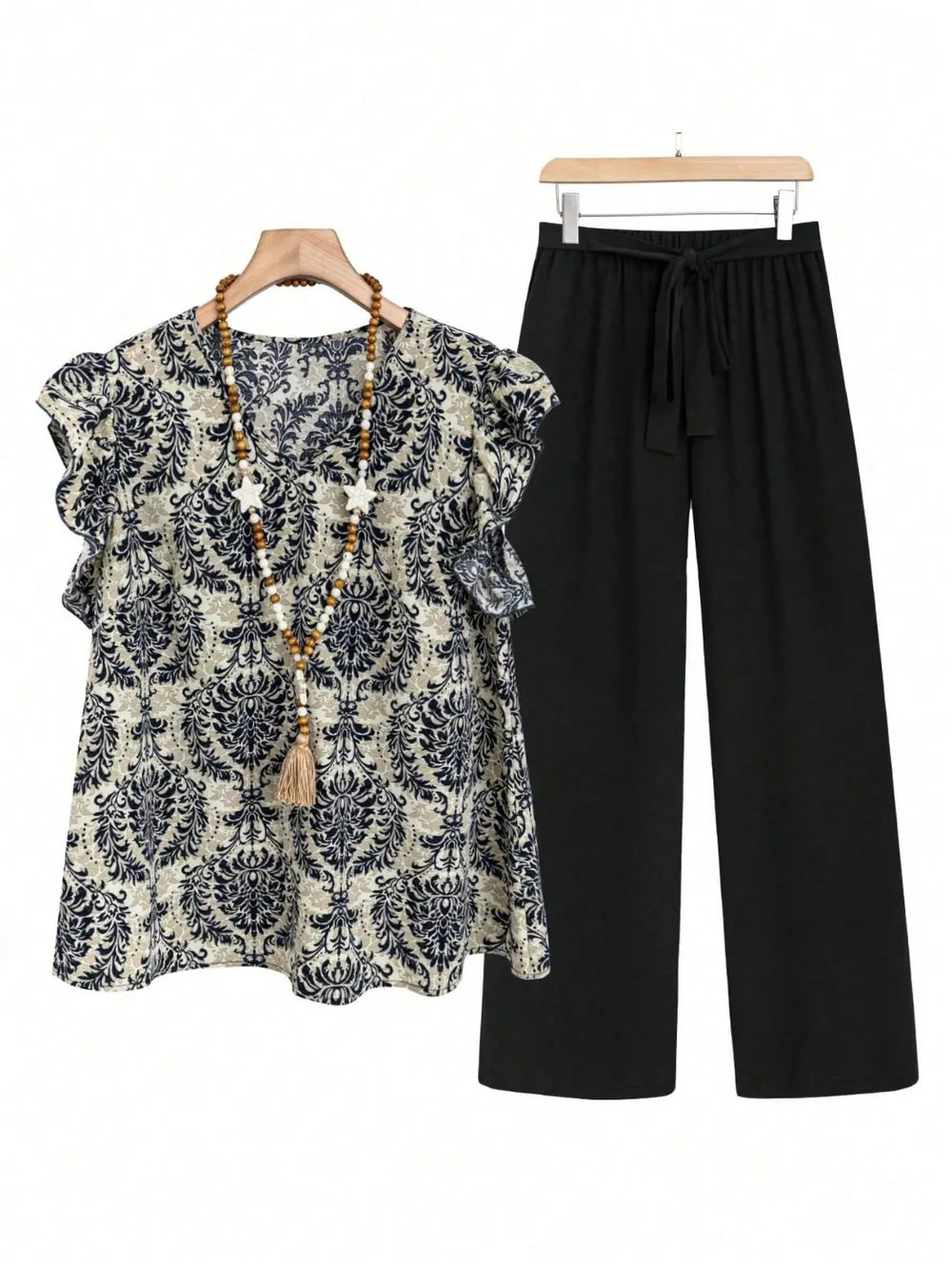Printed Ruffled Cap Sleeve Top and Pants Set - LaTezza Online Shop