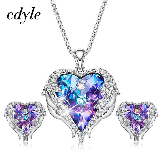 Cdyle Crystals from Swarovski Angel Wings Necklaces Earrings Purple Blue Crystal Heart Pendant Jewelry Set For Women Love Gifts - LaTezza Online Shop
