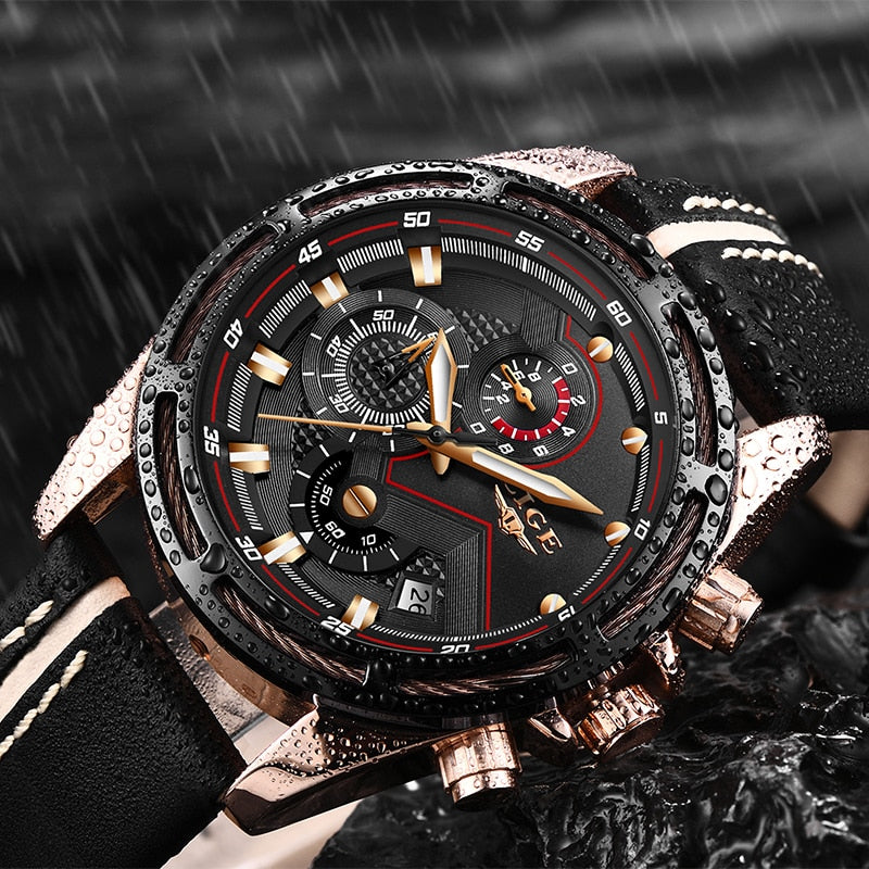 LIGE Watch Men Sport Quartz Clock Leather Mens Watches Top Brand Luxury Gold Waterproof - LaTezza Online Shop