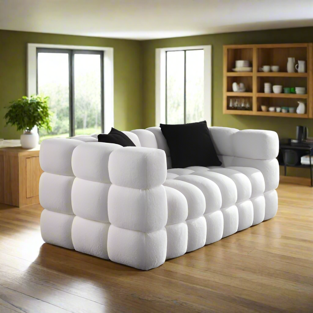 62.2length ,35.83 Deepth ,human Body Structure For USA People, Marshmallow Sofa,boucle Sofa ,White Color, 2 Seater - LaTezza Online Shop