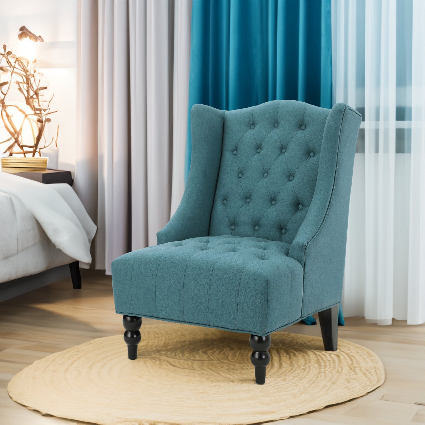 Teal Upholstered Wingback Chair with Birch Wood Legs - LaTezza Online Shop