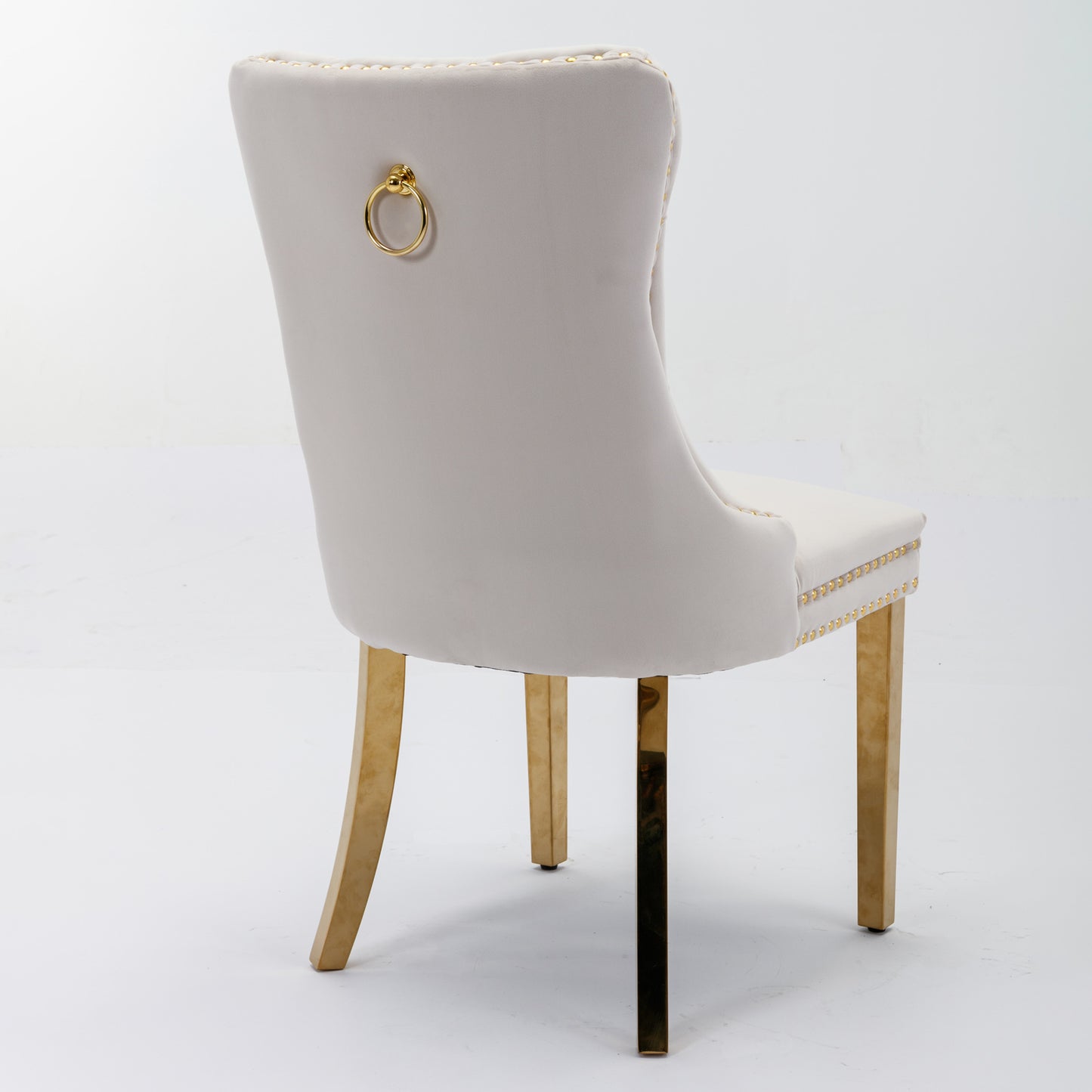 Tufted solid wood velvet soft cushion dining chair gold stainless steel plated leg nail head set of 2 pieces beige and gold - LaTezza Online Shop