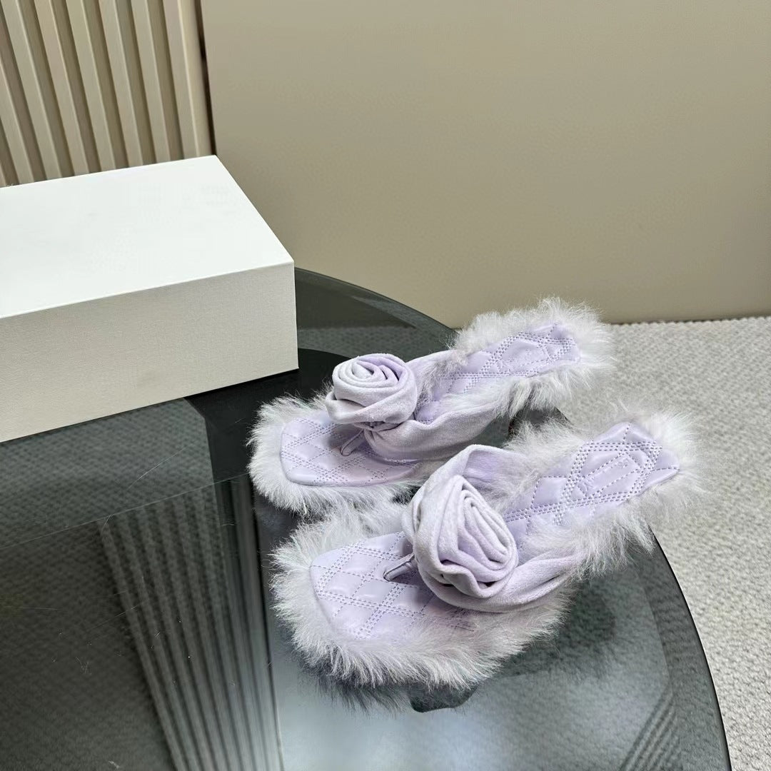 High Heels Slippers Rose Fur Luxury Novel Hairy Mules Slippers Summer Quality Plush Brand Party Slippers Woman - LaTezza Online Shop