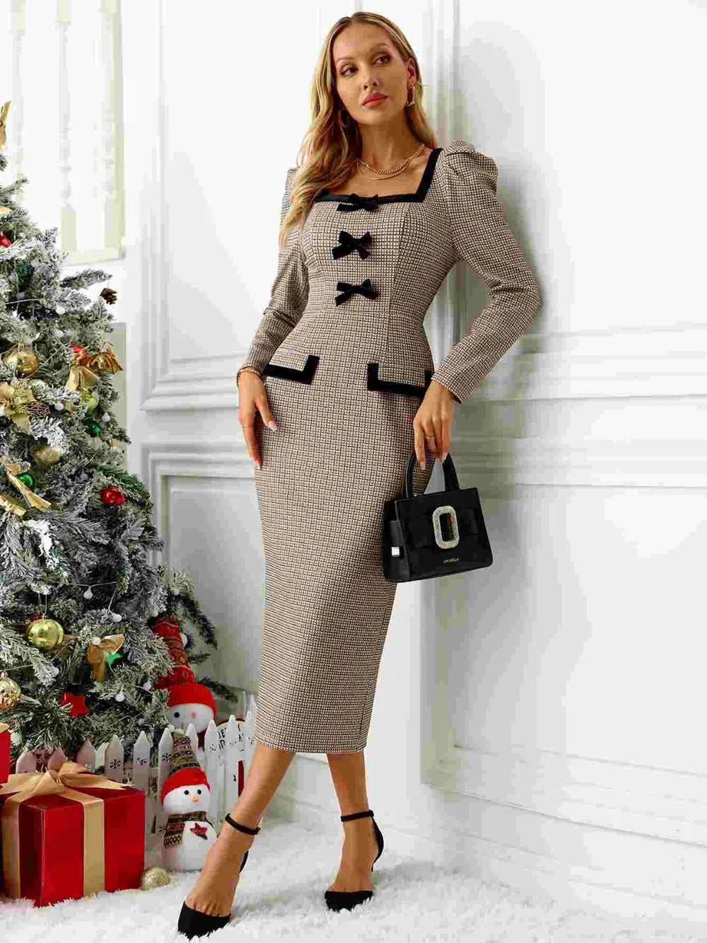 Bow Plaid Square Neck Puff Sleeve Dress - LaTezza Online Shop