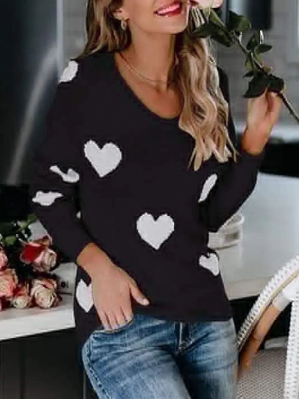 Heart Scoop Neck Long Sleeve Sweater - LaTezza Online Shop