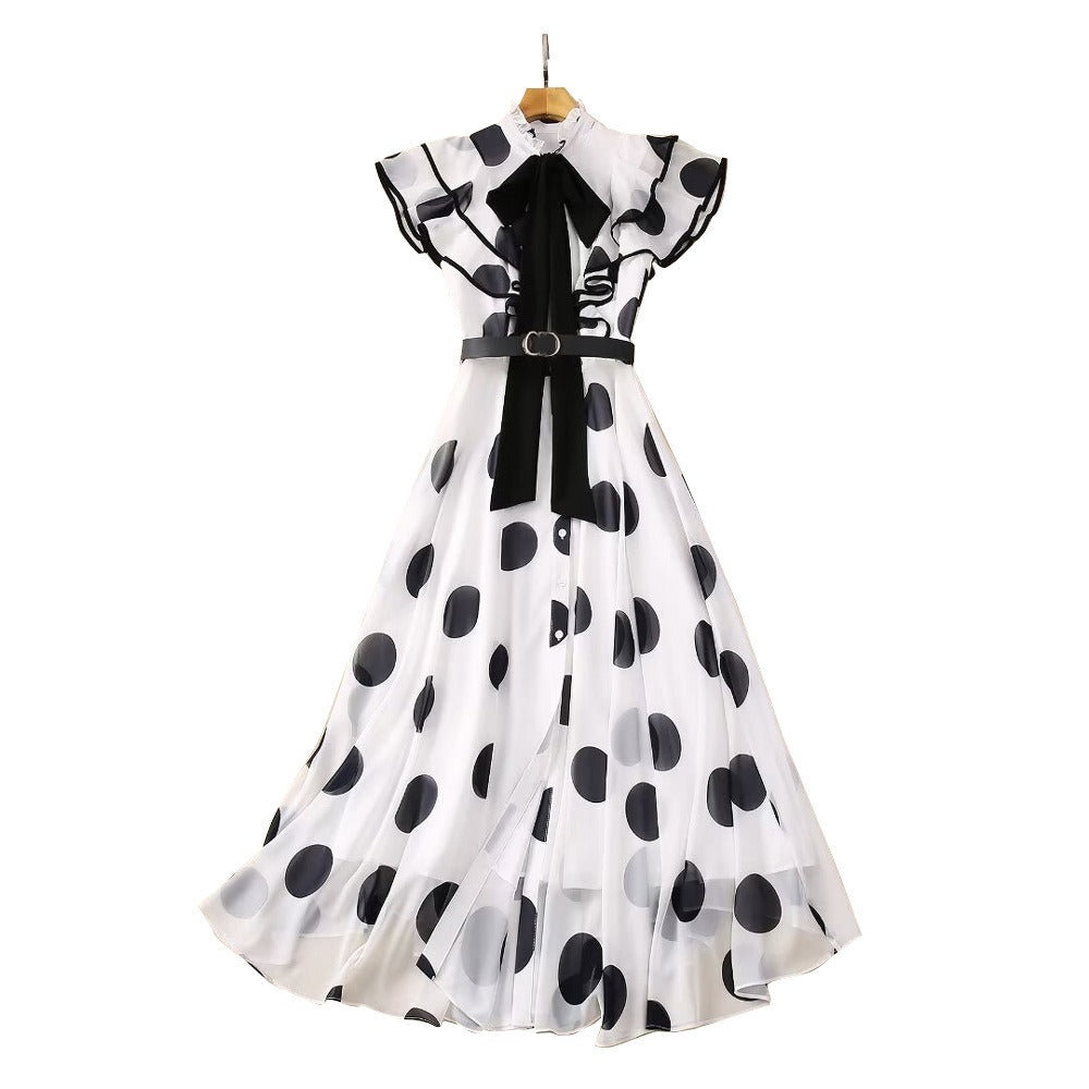 Standing collar ruffled edge waistband single breasted lace up polka dot fairy skirt - LaTezza Online Shop