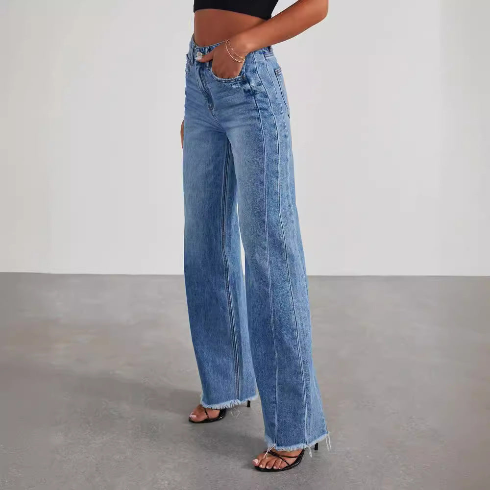 Loose wide leg side seam splicing, brushed hem denim jeans for women - LaTezza Online Shop