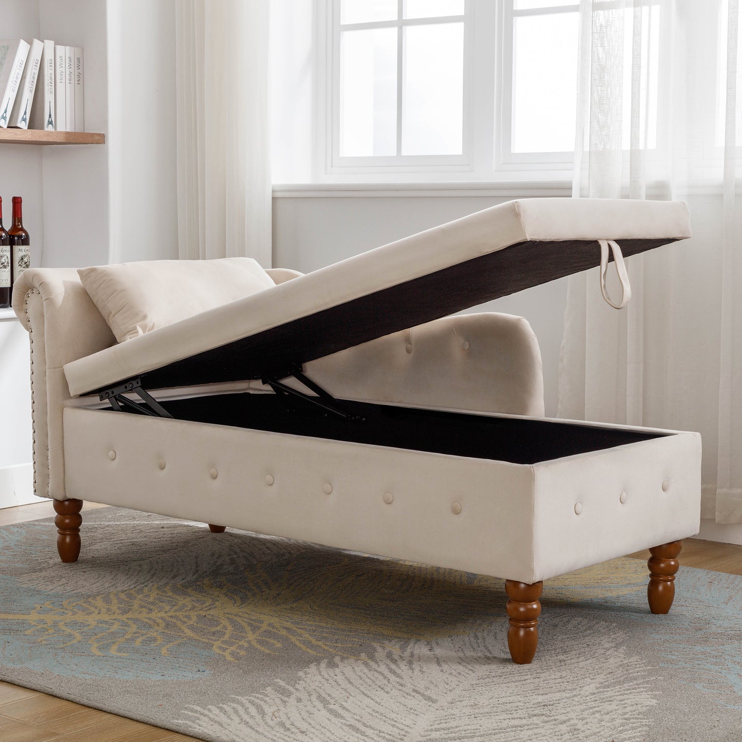 Beige Chaise Lounge Indoor Velvet Lounge Chair for Bedroom with Storage & Pillow Modern Upholstered Rolled Arm Chase Lounge - LaTezza Online Shop