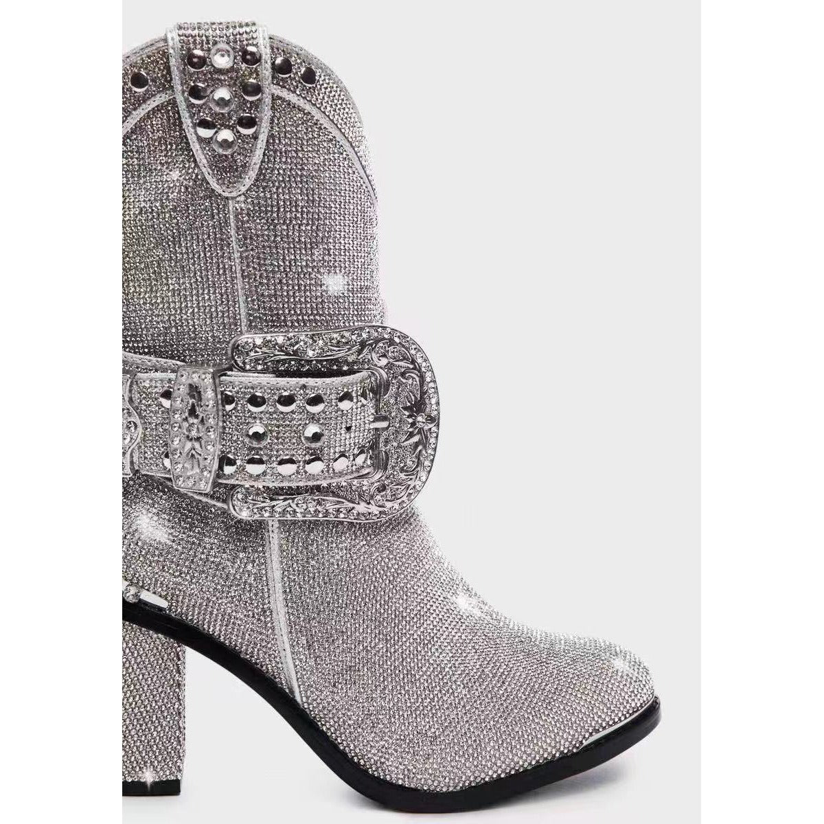Western denim hot drill mid tube round head belt buckle thick heel fashion boots - LaTezza Online Shop
