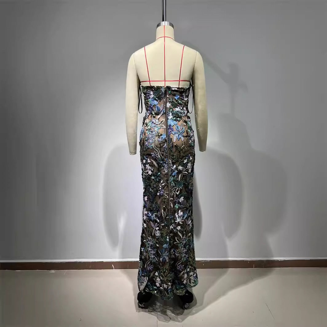 Fashionable blue sexy tube top slim fit embroidered tight sleeveless long hip-hugging dress - LaTezza Online Shop