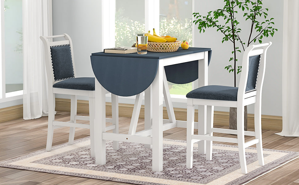 TOPMAX 3-Piece Wood Counter Height Drop Leaf Dining Table Set with 2 Upholstered Dining Chairs for Small Place White+Gray - LaTezza Online Shop