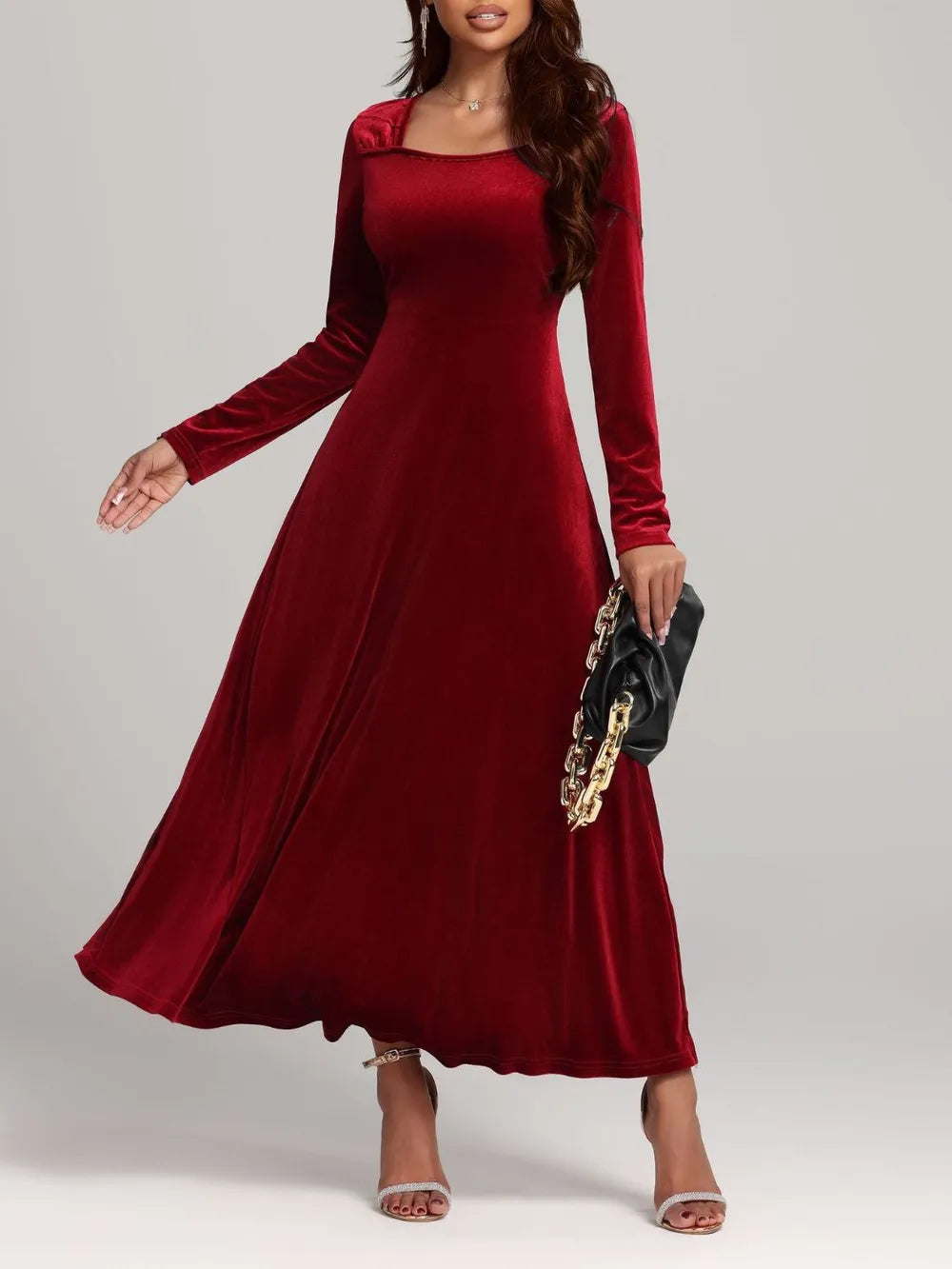 Square Neck Long Sleeve Velvet Dress - LaTezza Online Shop